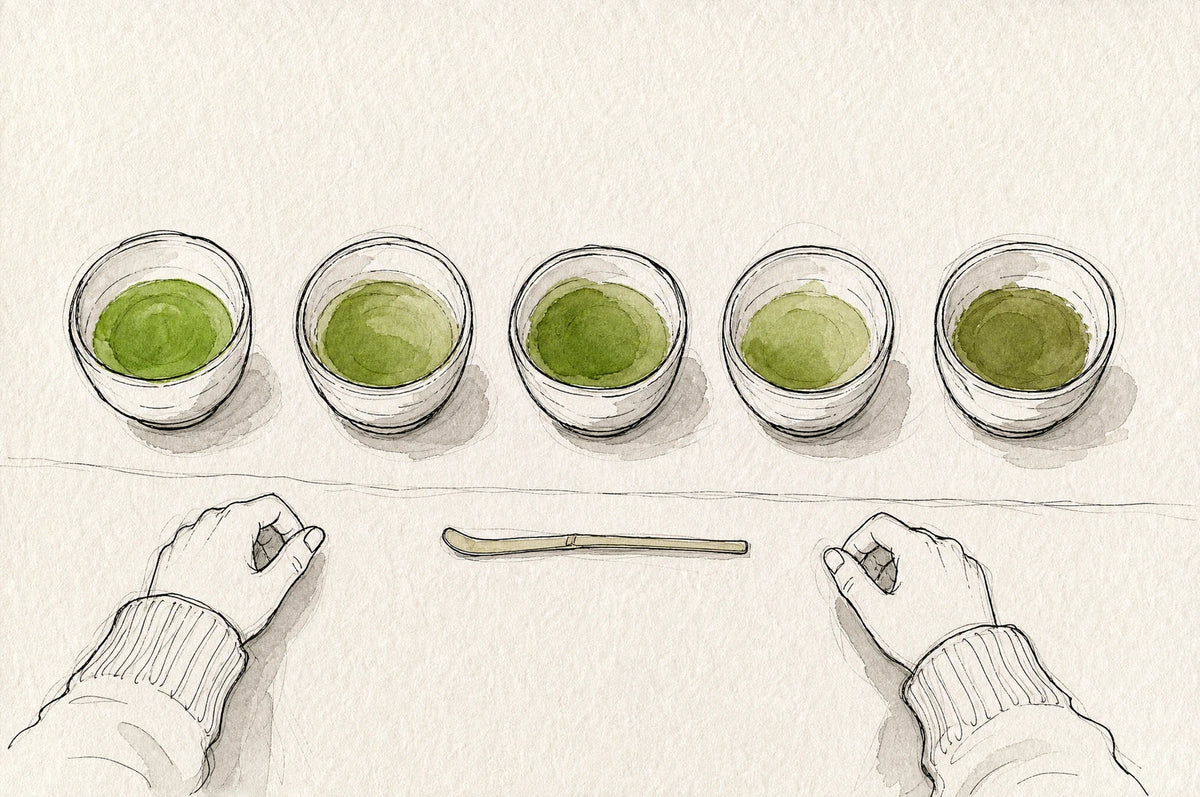 Five small bowls of whisked matcha in slightly different greens on a wooden counter, a bamboo scoop beside them
