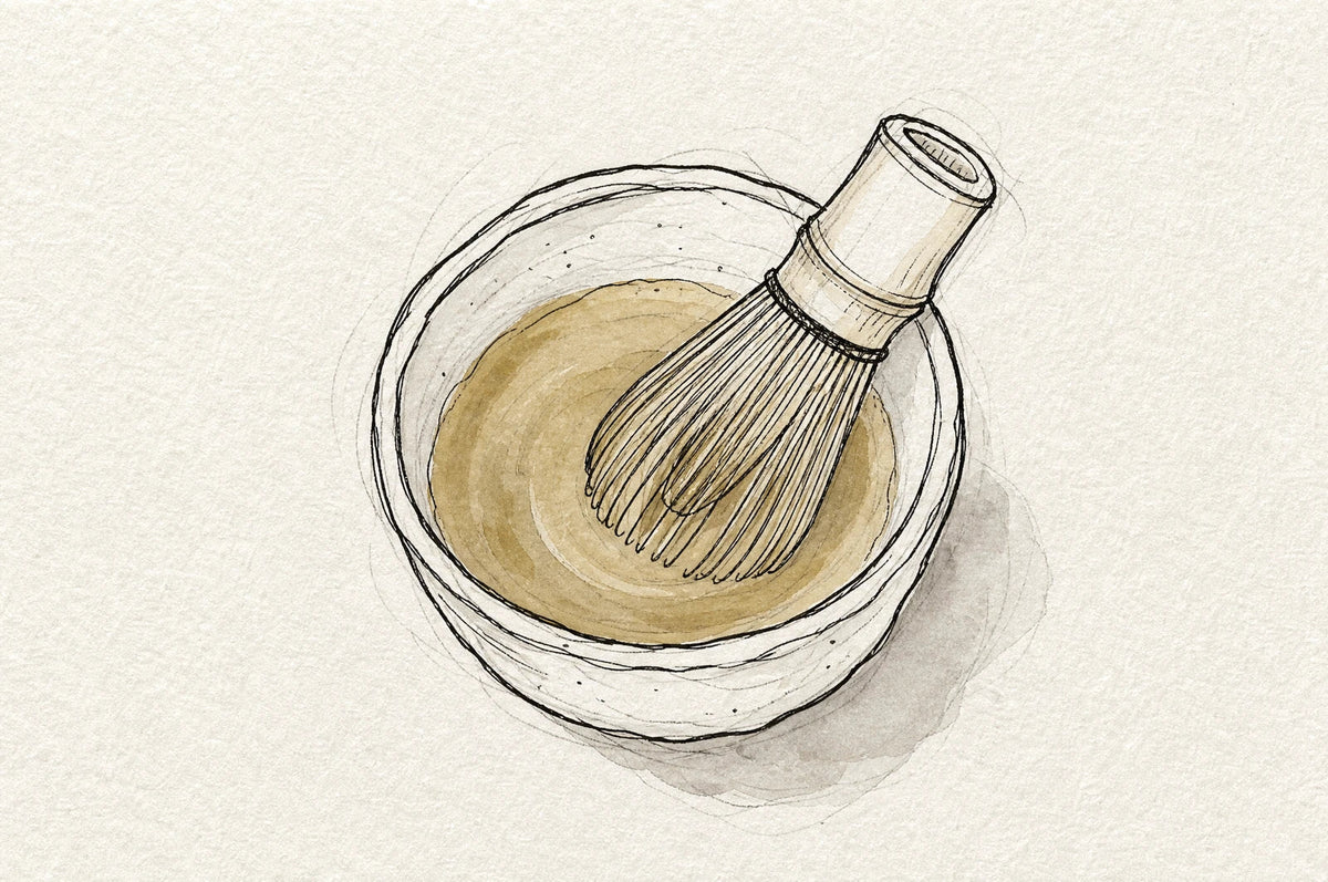 Whisked hojicha in a tea bowl under a fine foam