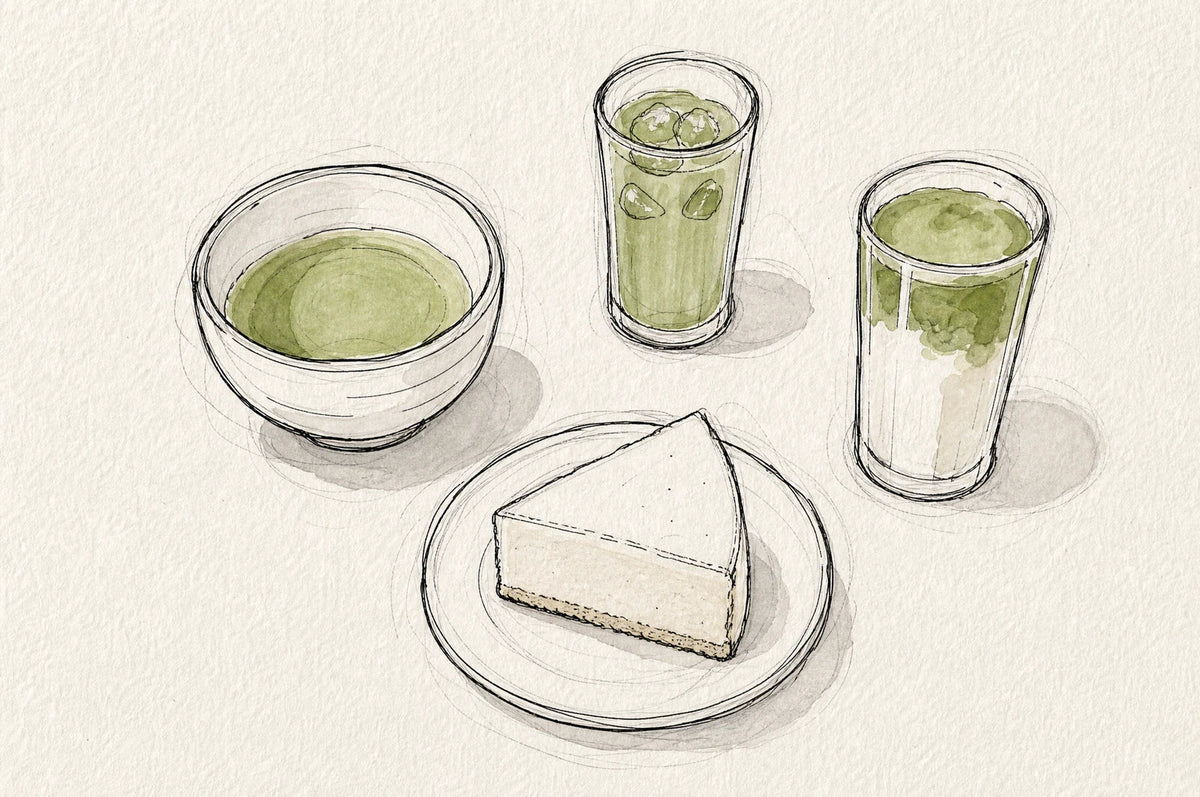 Straight matcha, matcha latte, iced matcha and a slice of cake on the table