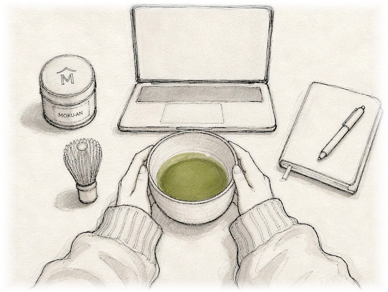Illustration einer Schale Matcha am Schreibtisch vor der Arbeit