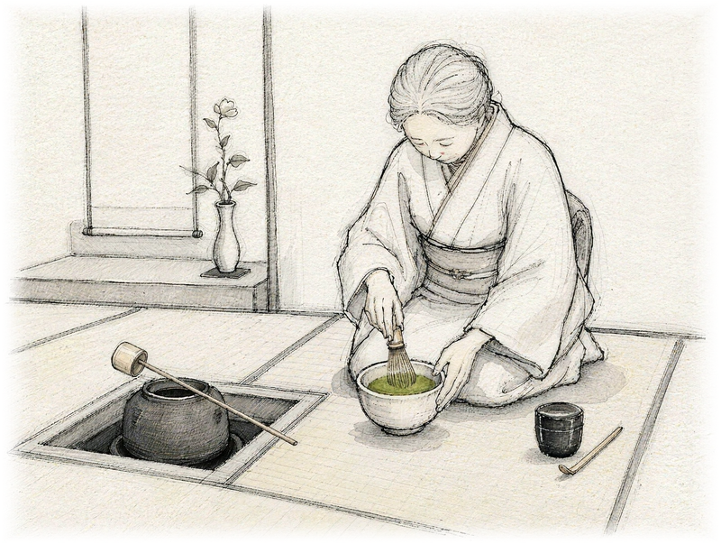 Illustration einer Großmutter, die im Teeraum der Familie auf der Tatami Matcha aufschlägt, gesehen von dort, wo Hisako als Kind saß
