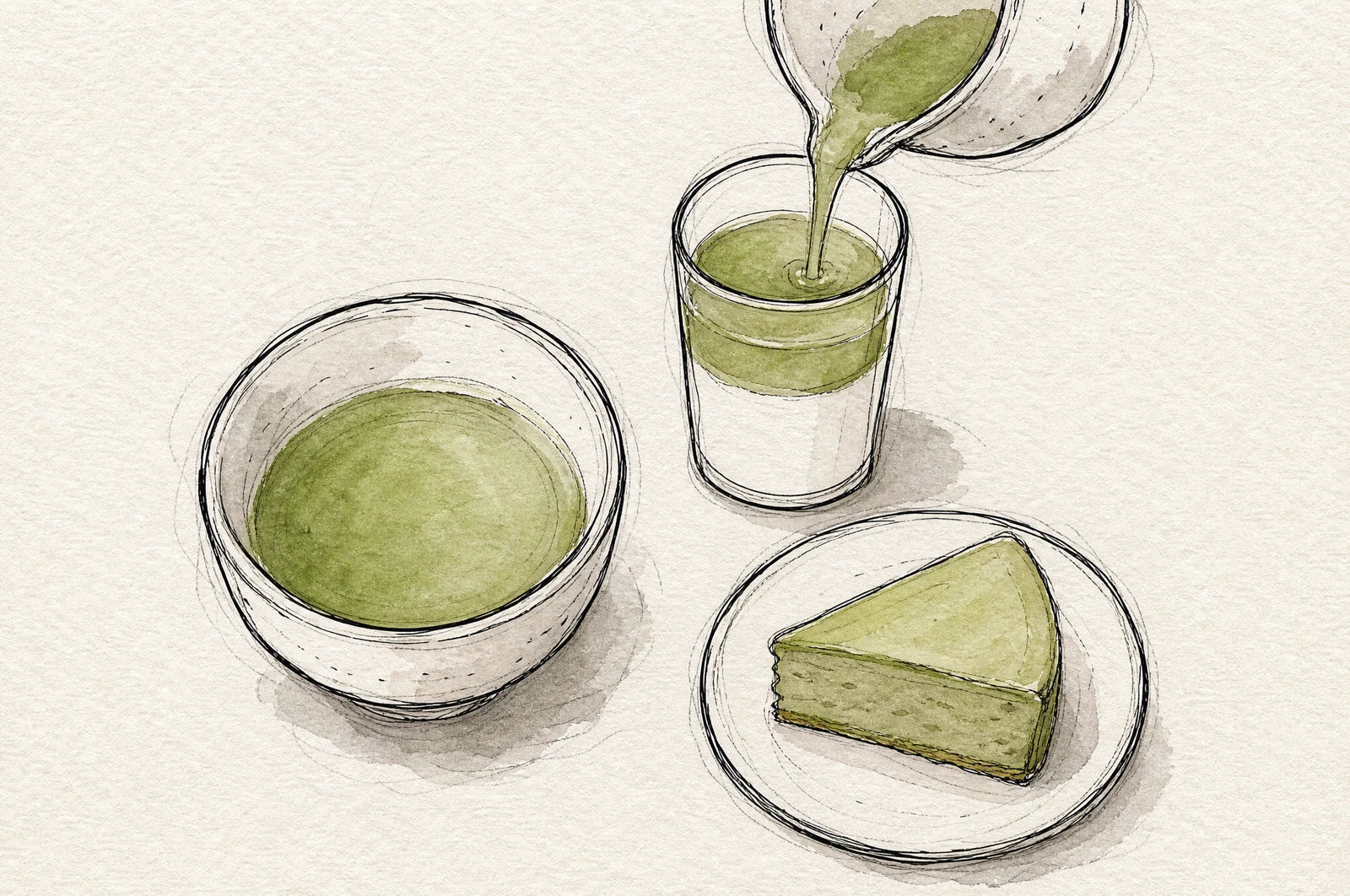 Eine Schale aufgeschlagener Matcha, ein Latte im Glas mit Matcha über der Milch und ein Stück grüner Kuchen