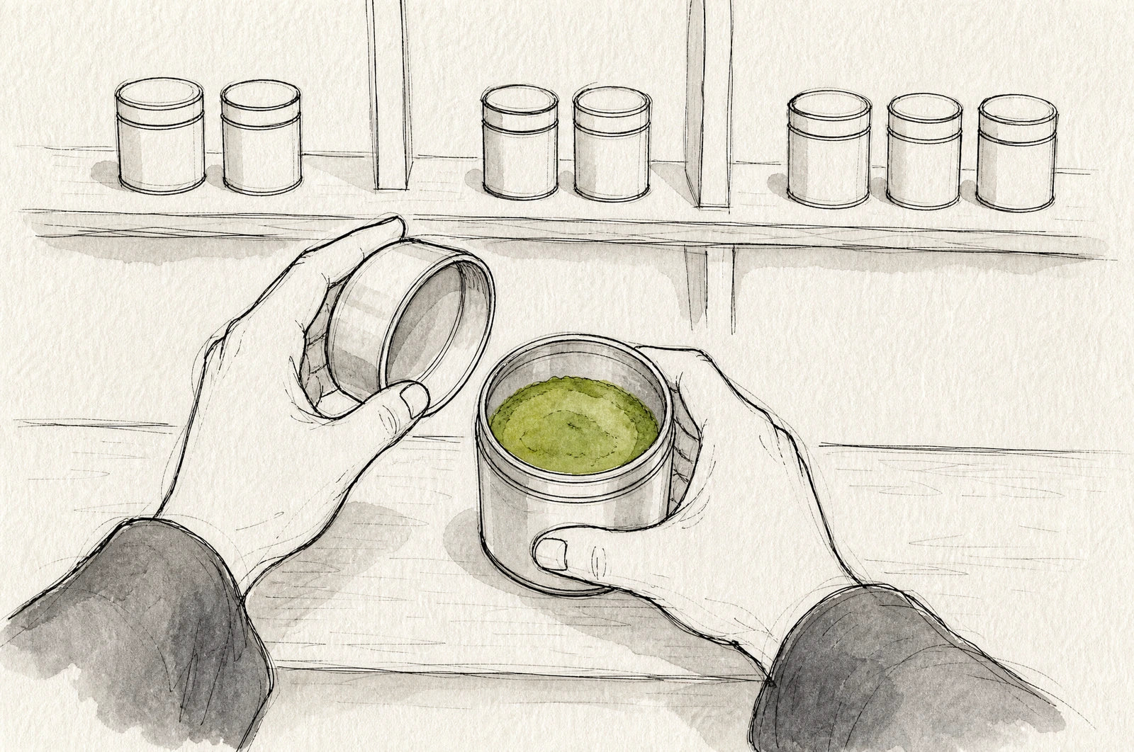 An der Theke eines alten Teeladens öffnen die Hände des Händlers eine Metalldose mit Matcha, dahinter schlichte Dosen im Regal