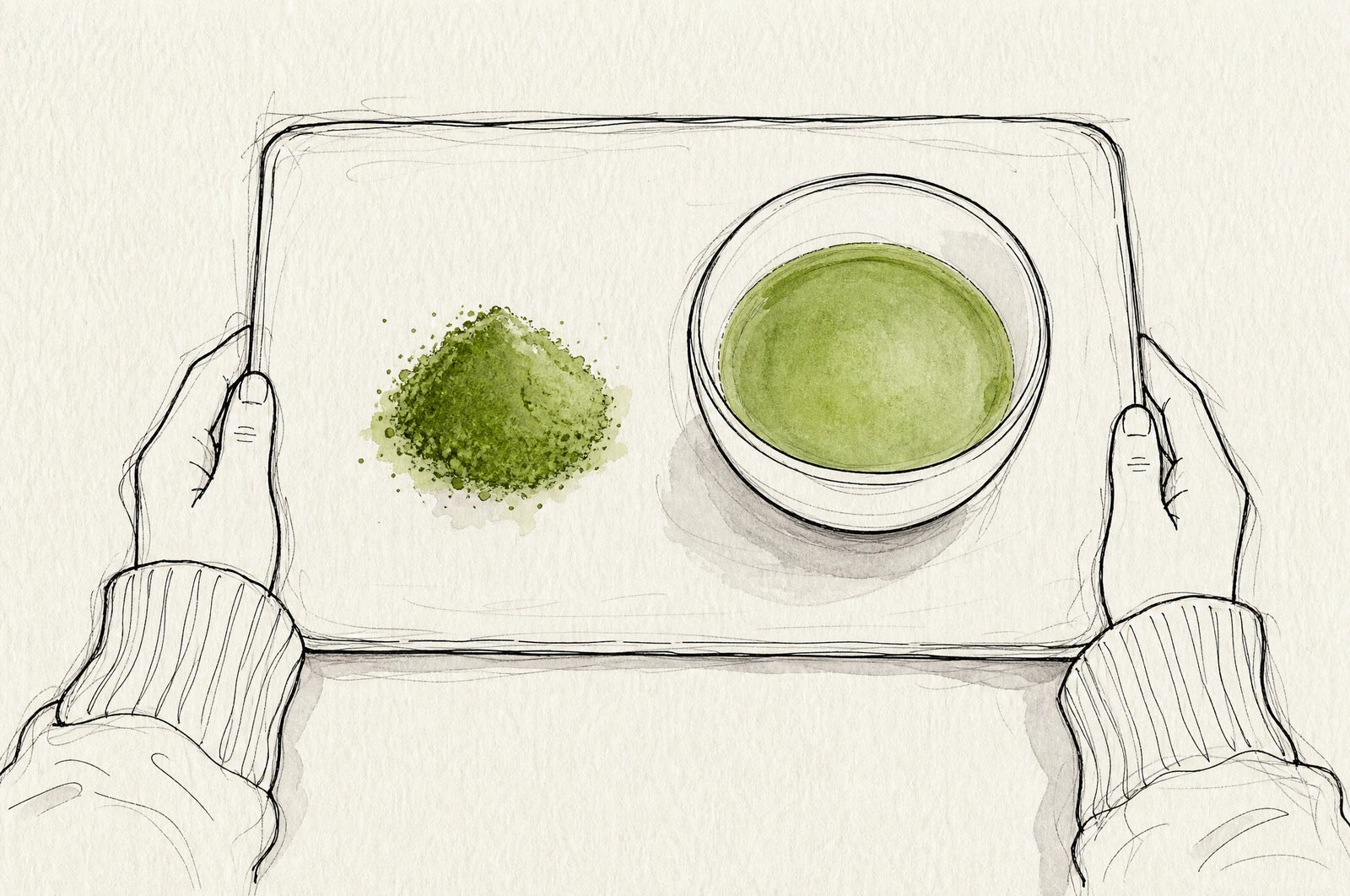 Ein Verkostungstablett mit einem Häufchen Matcha-Pulver auf weißem Papier und einer weißen Schale aufgeschlagenem Matcha