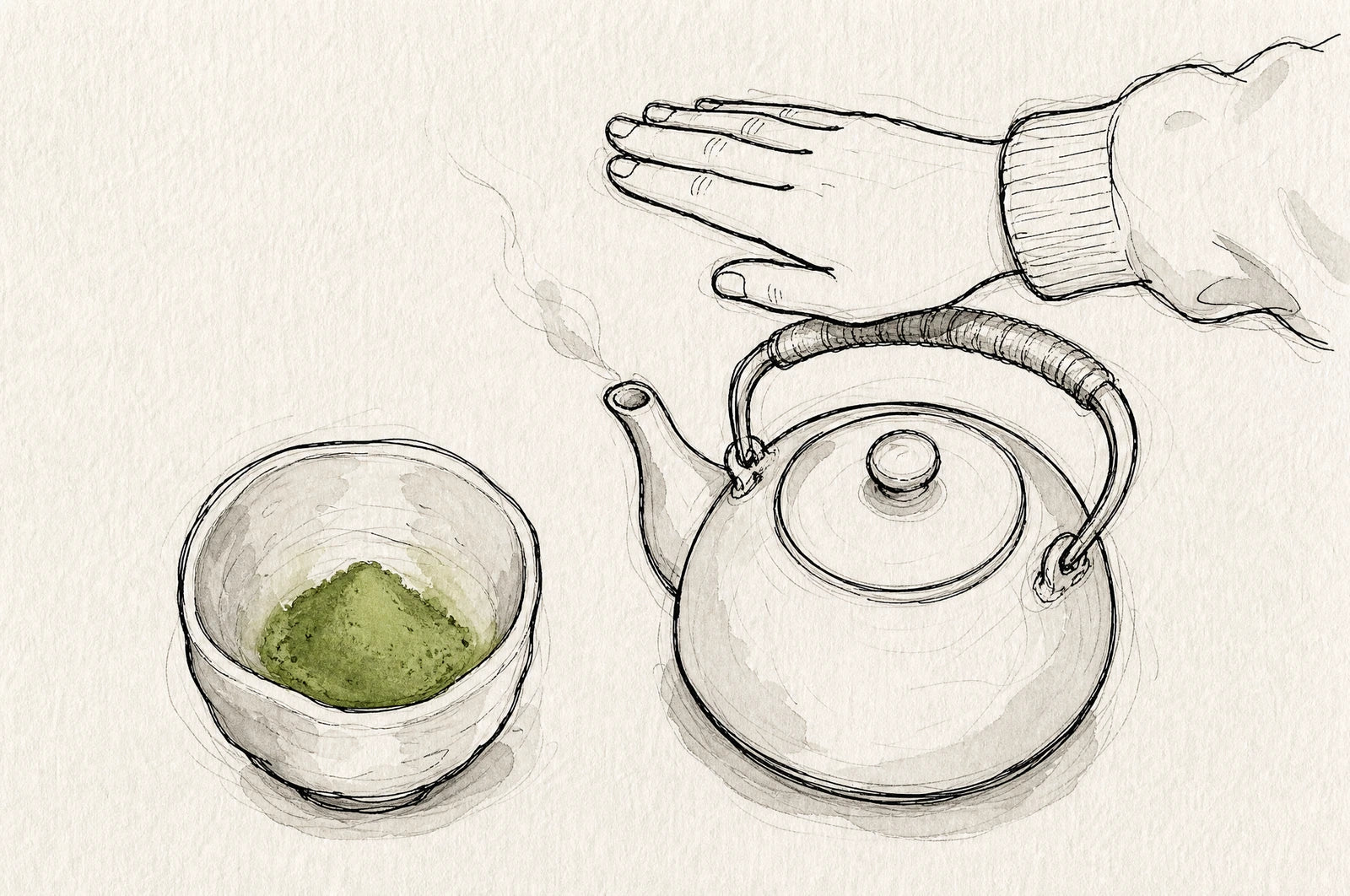 A kettle after boiling, a bowl of matcha powder beside it