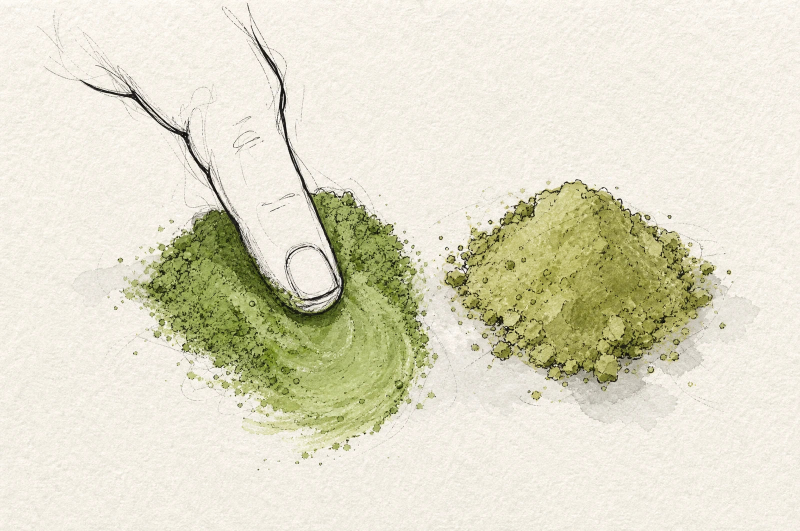 Two mounds of matcha powder, bright green and dull yellowish