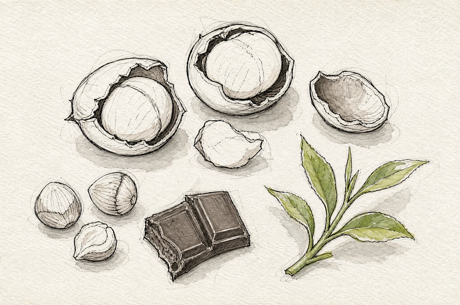 Boiled chestnuts, dark chocolate, toasted hazelnuts and young tea shoots