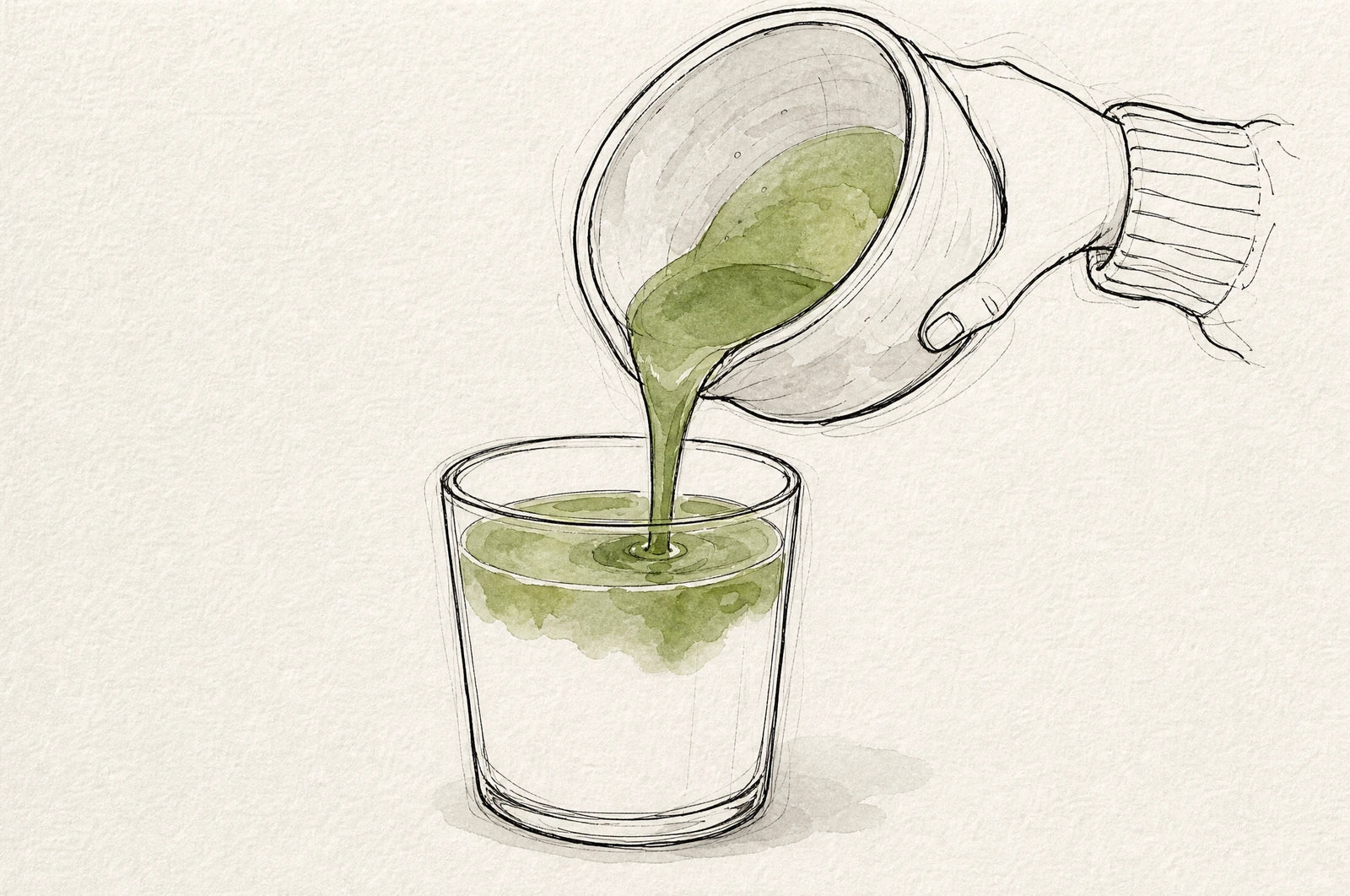 Matcha poured from the bowl over oat milk in a glass