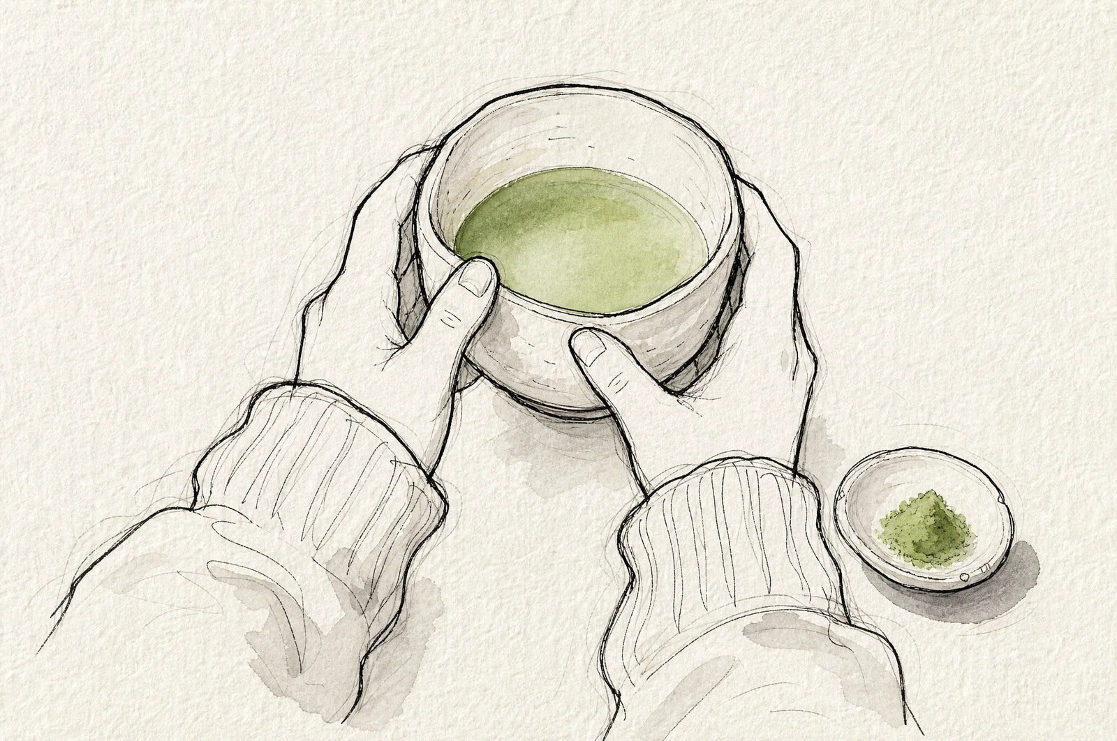 A bowl of freshly whisked matcha lifted to smell it