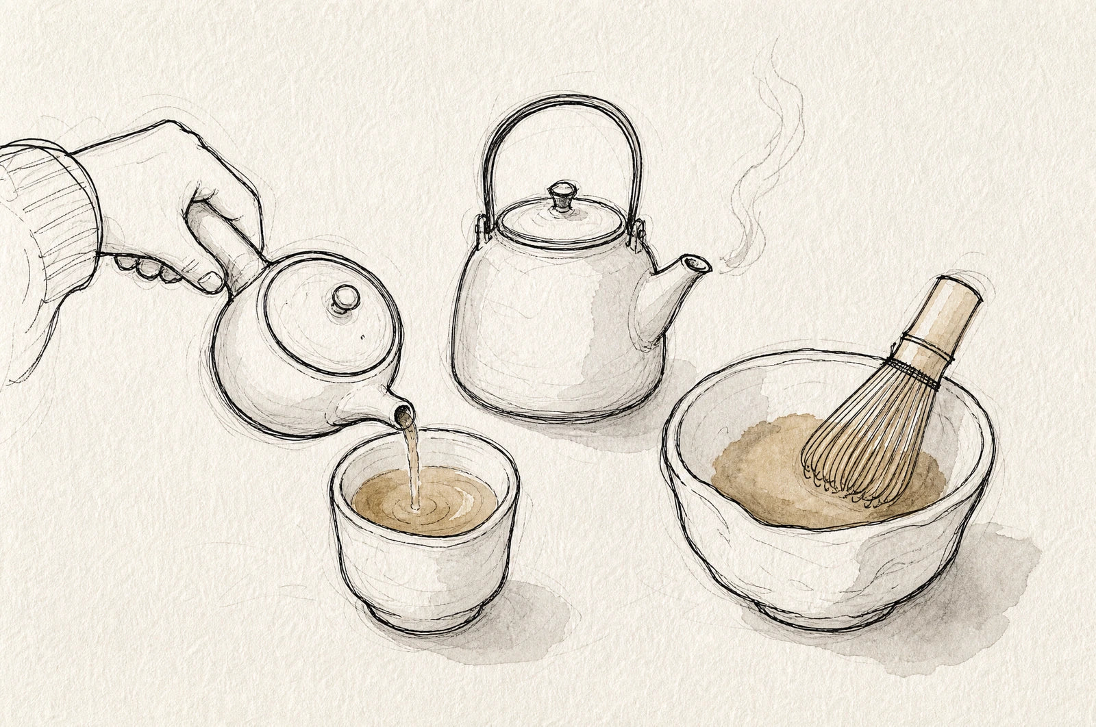 Hojicha as loose leaf in the pot and as powder in the bowl