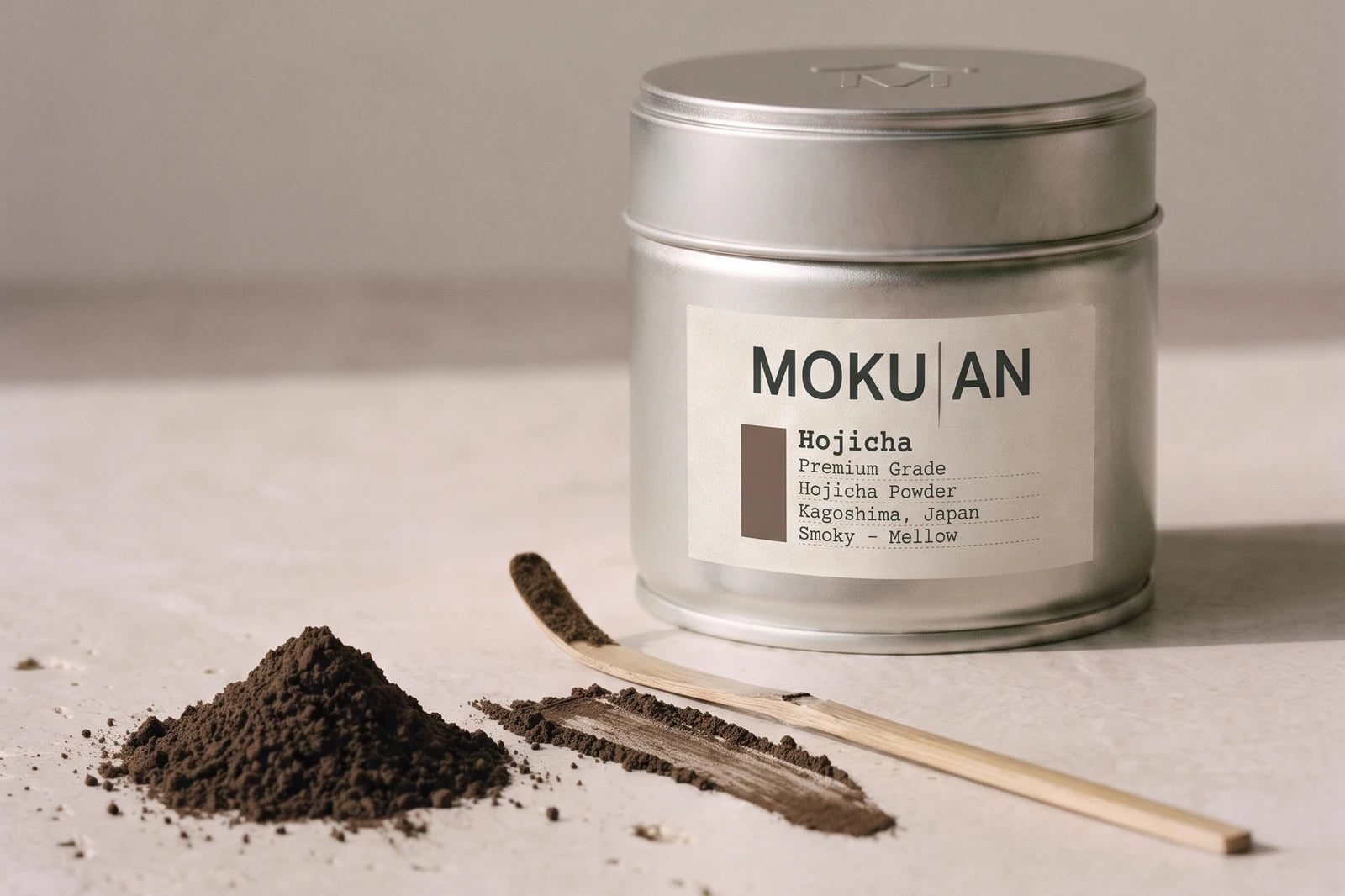 The MOKU-AN hojicha can and hojicha powder