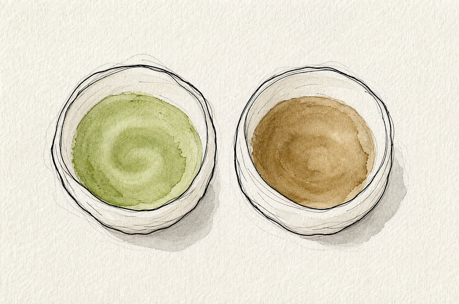 Matcha and hojicha side by side, both finely whisked