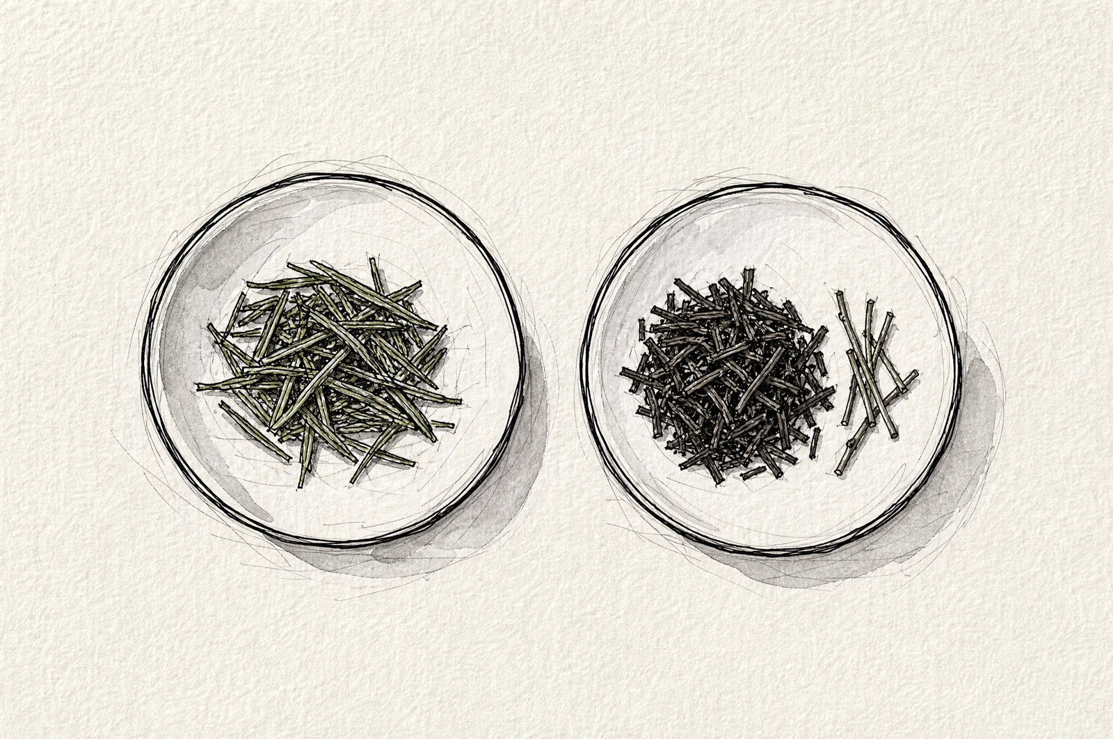 Green tea leaves and roasted hojicha leaves with stems