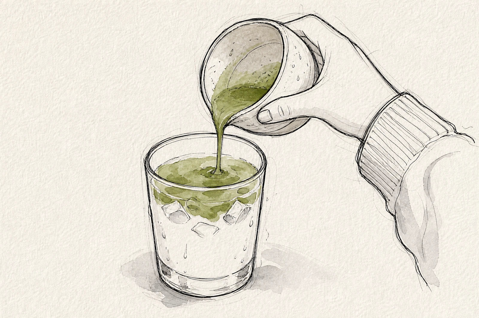 Iced matcha latte, matcha poured over milk and ice