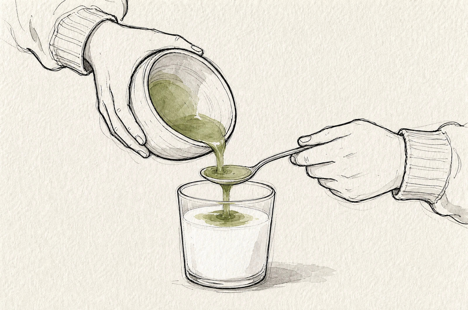Matcha flowing over the back of a spoon onto the milk