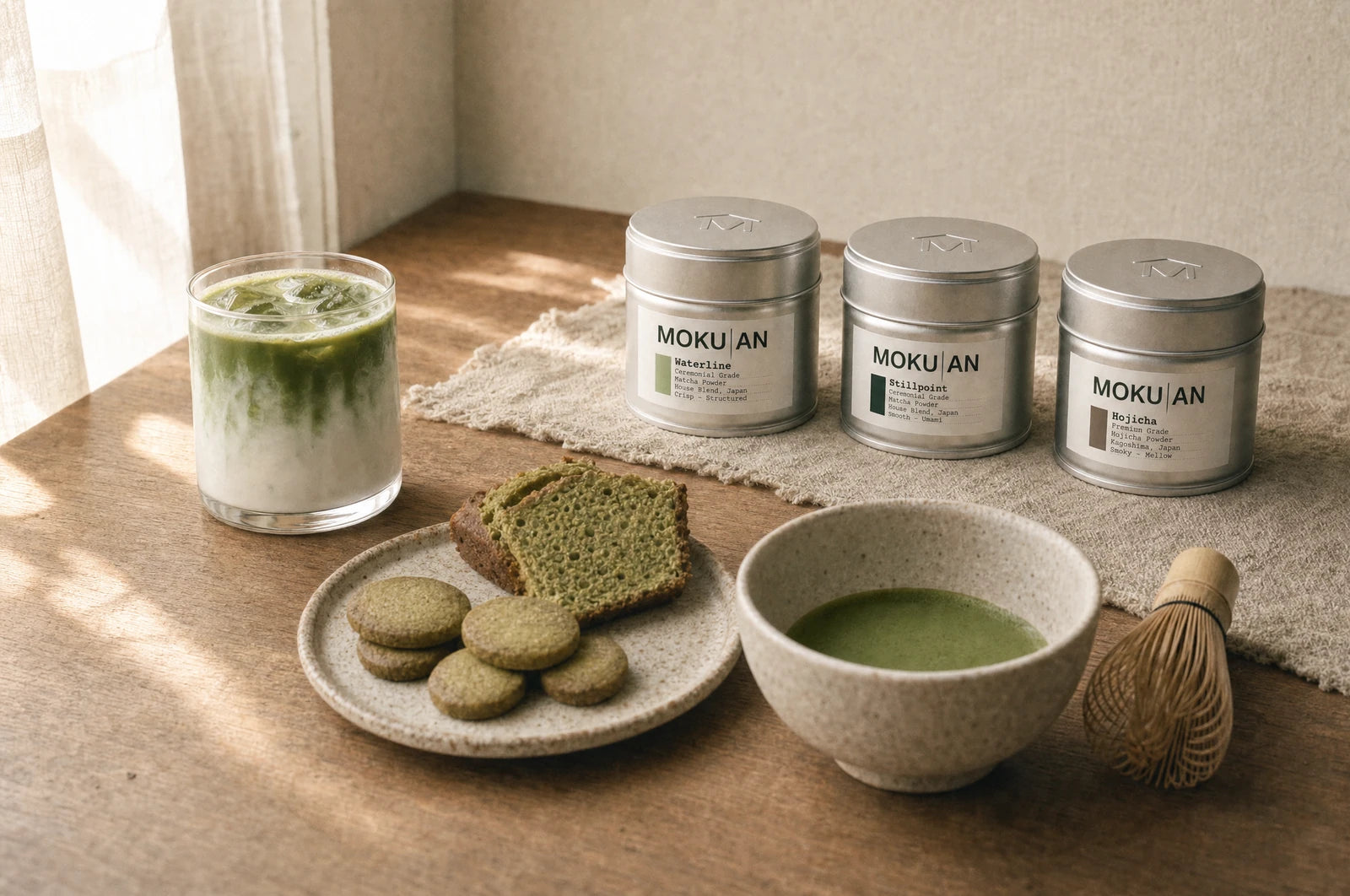 The three MOKU-AN cans with an iced matcha latte