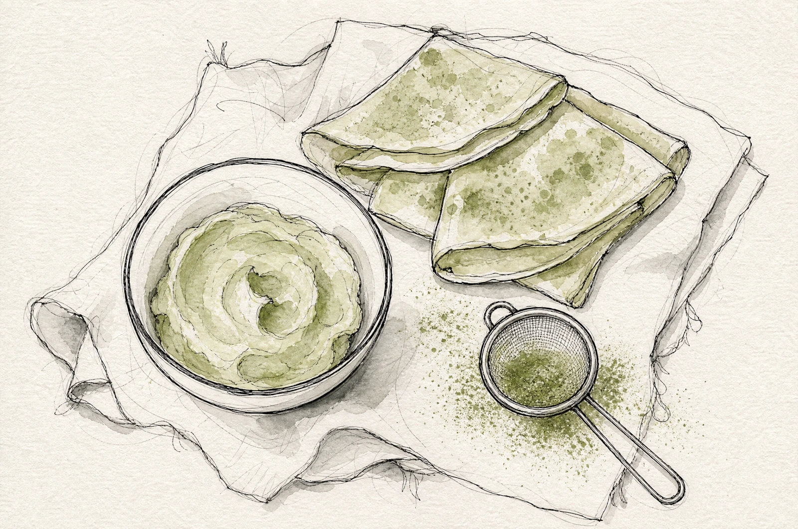 Matcha whipped cream and folded crêpes