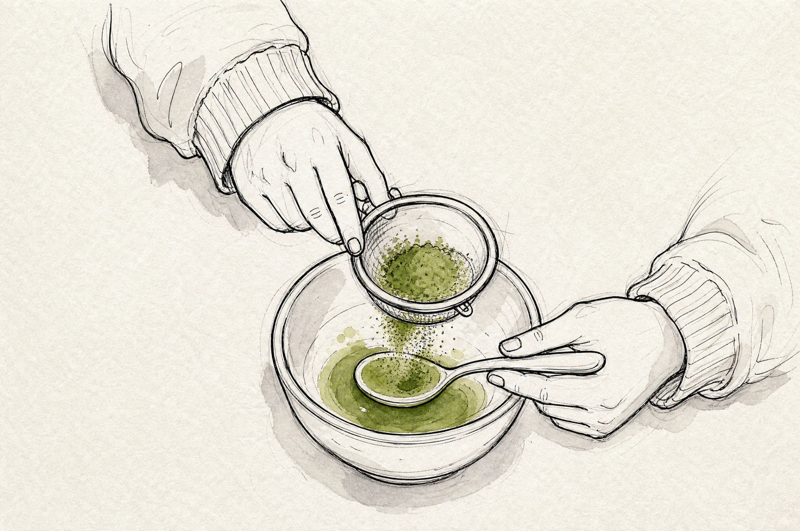 Matcha pressed through a tea strainer into a smooth paste