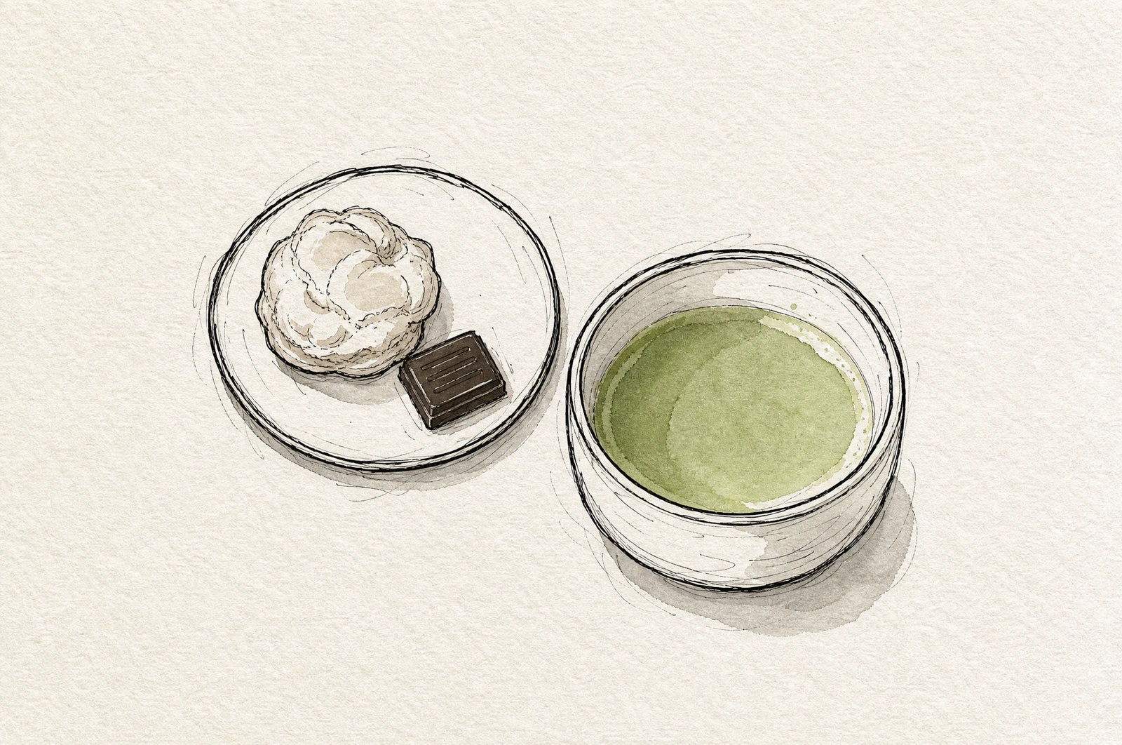 A bowl of matcha with a cream puff and dark chocolate