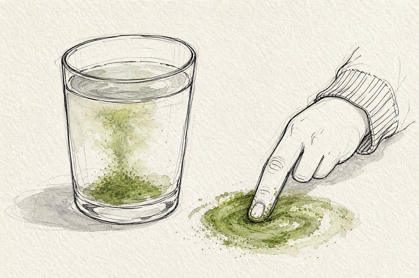 Matcha rubbed between the fingers, powder settling in a glass of water