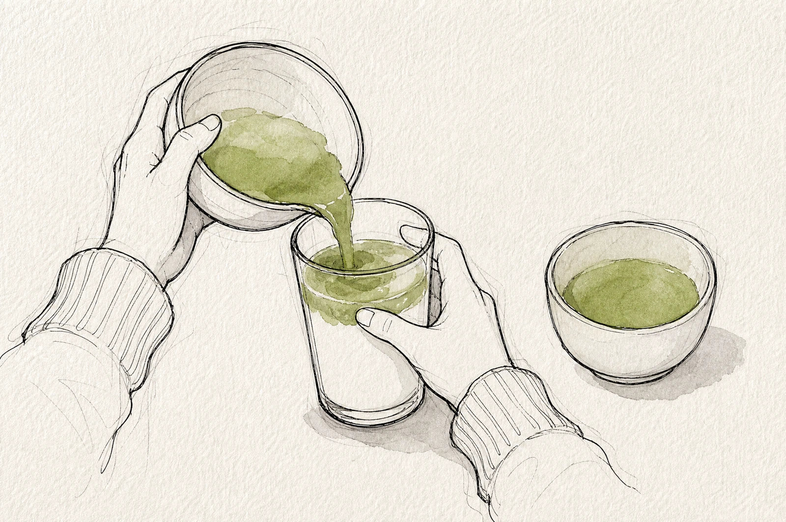 Matcha latte with the milk below and straight matcha in a bowl