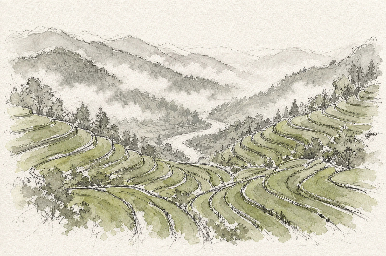 Terraced tea fields in the morning with mist in the valley