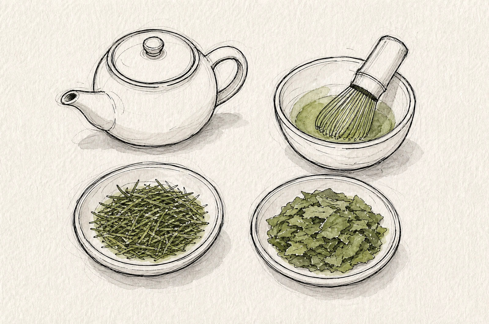Rolled sencha leaves and flat tencha leaves side by side