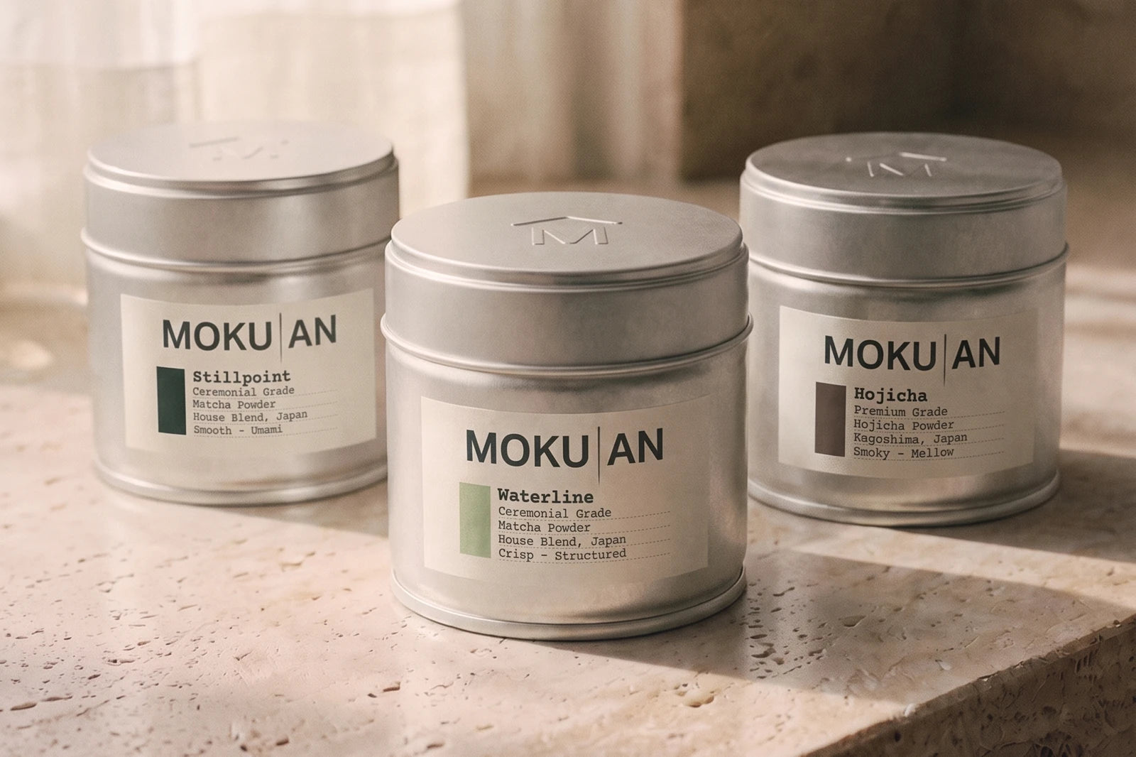 The three MOKU-AN cans Waterline, Stillpoint and Hojicha