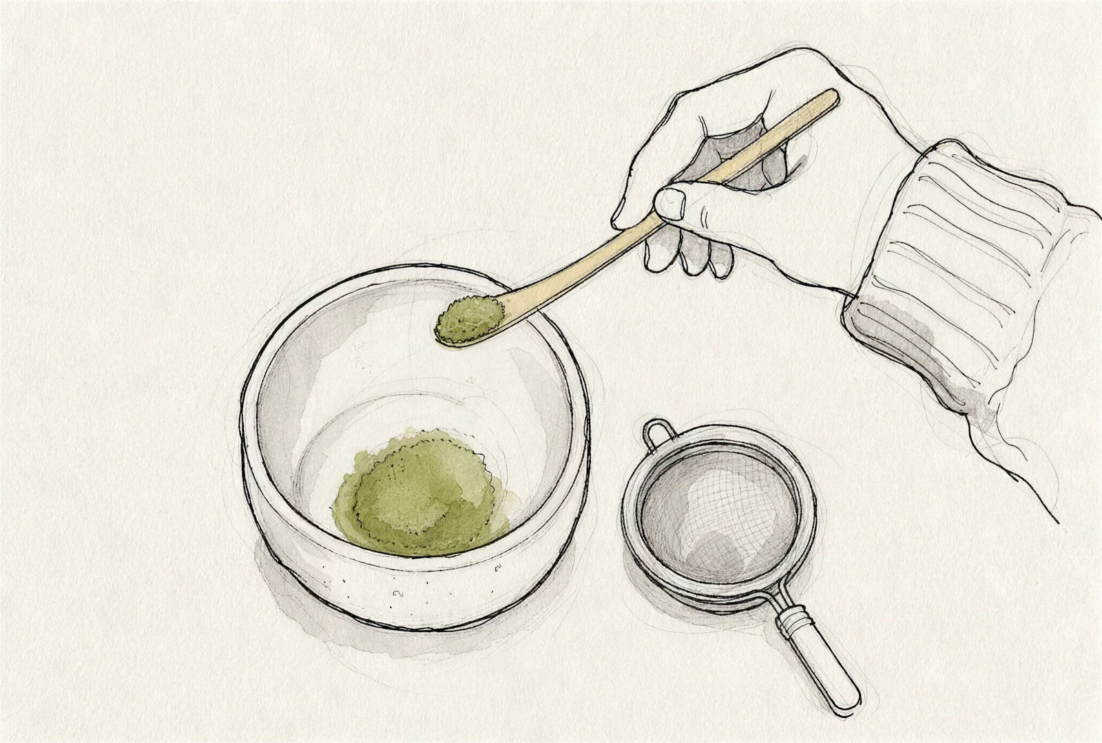 Bambuslöffel mit Matcha über einer leeren Schale