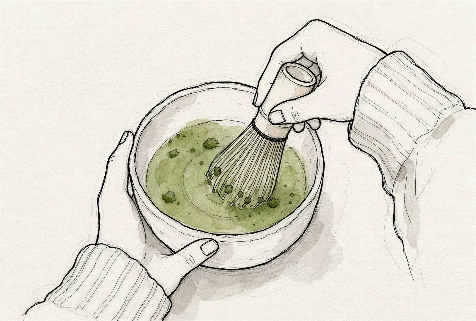 Besen kreist langsam in der Schale, der Matcha bleibt klumpig und ohne Schaum
