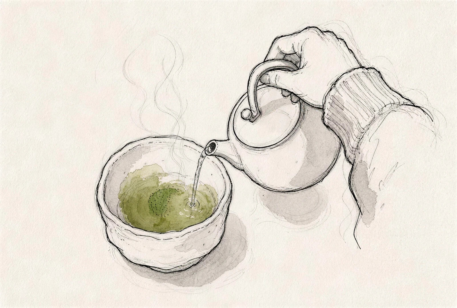 Wasser wird aus dem Kessel in die Matcha-Schale gegossen