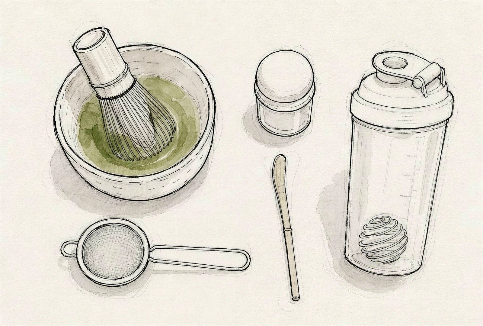 Schale, Bambusbesen, Shaker, Protein-Shaker und Teesieb nebeneinander