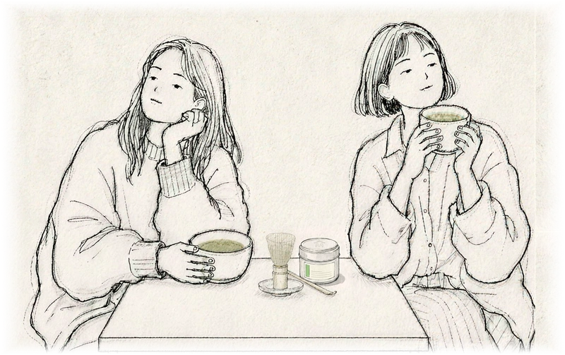 Hisako und Emi, Gründerinnen von MOKU-AN, handgezeichnete Tuschezeichnung
